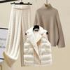 Women's Autumn and Winter Warm Suit Turtleneck Sweater + Hair Collar Cotton Vest + Tweed Casual Pants Three-piece Set
