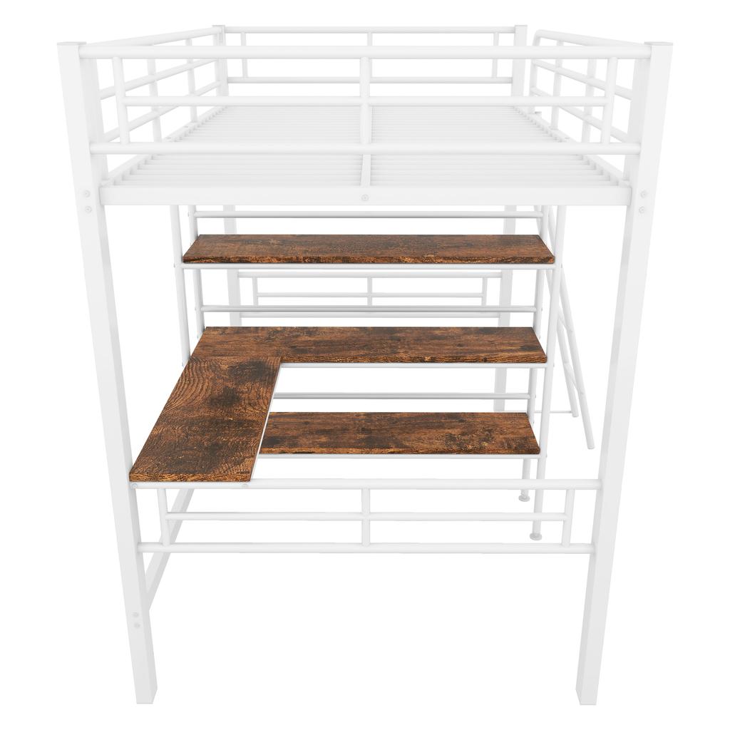 Loft bed, 90*200cm, without mattress, bed with desk, multiple shelves, railing, ladder, iron frame, white