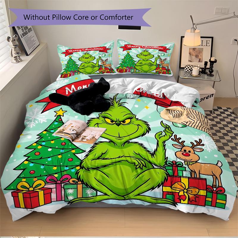 3Pcs Grinch Christmas Celebration Bedding Set Quilt Cover Pillowcase Home Christmas Xmas Halloween Gift 1 Duvet Cover 2 Pillowcase S921663