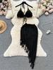 Summer Vacation Sexy Suits Strapless Halter Backless Bikini Set Drawstring Tassel Skirt Women Beach Knitted Fashion Two Pieces Suits