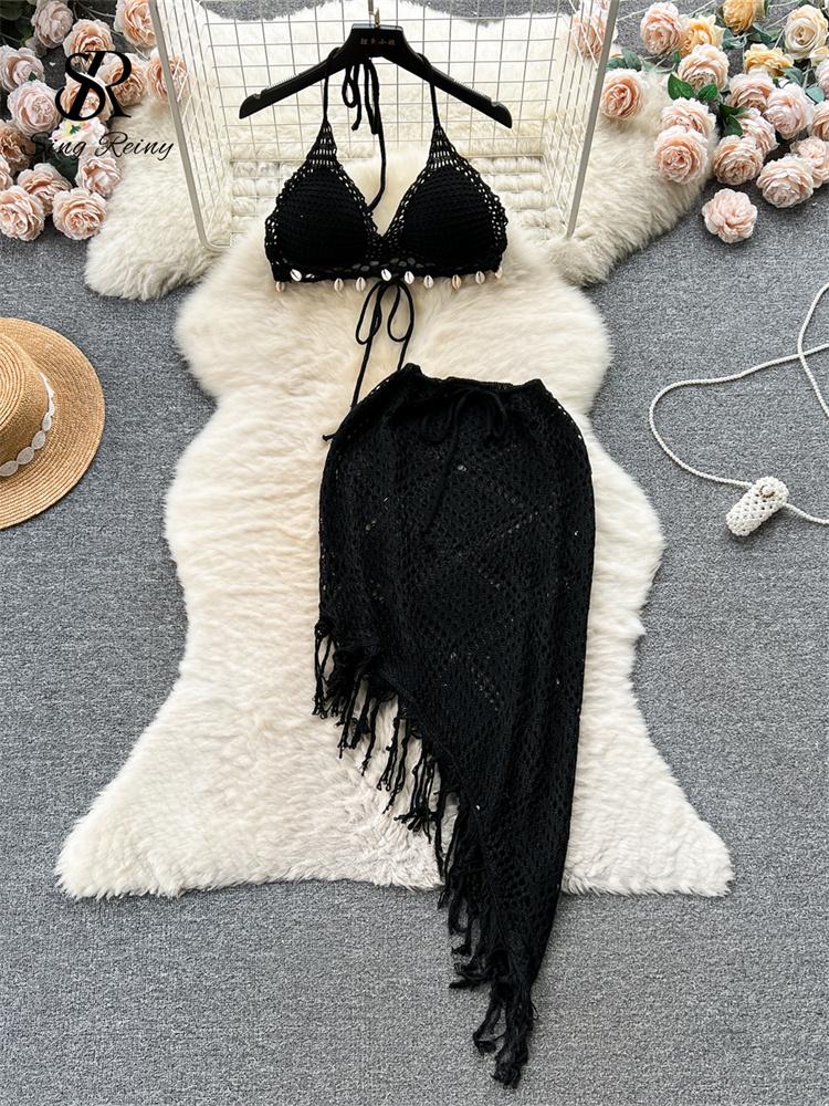 Summer Vacation Sexy Suits Strapless Halter Backless Bikini Set Drawstring Tassel Skirt Women Beach Knitted Fashion Two Pieces Suits