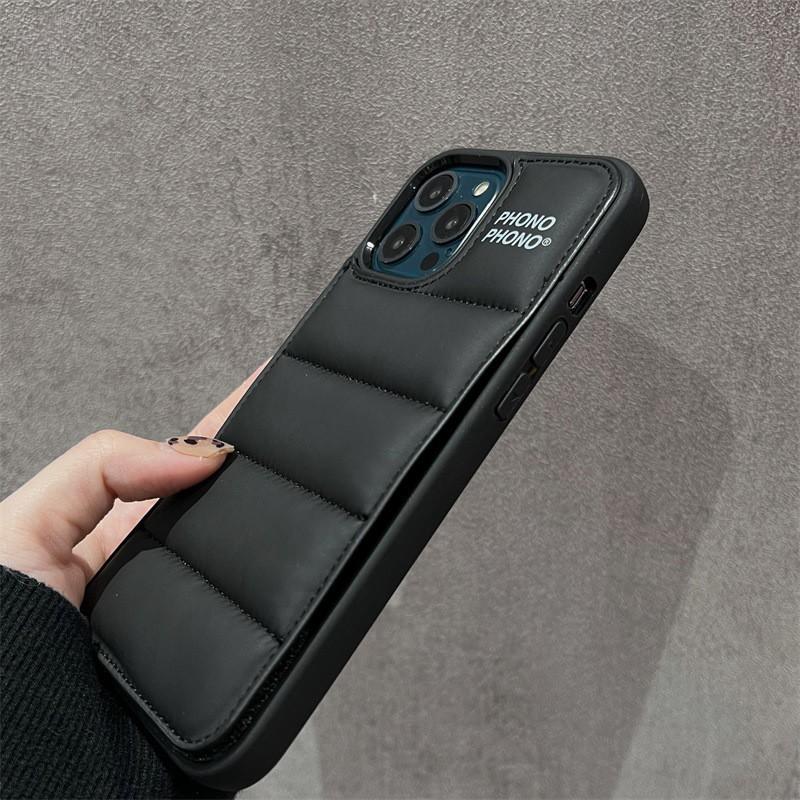 Down Jacket Style Phone Case IPhone 6 To 15 Series PU Leather Protective Cover With Wrist Strap