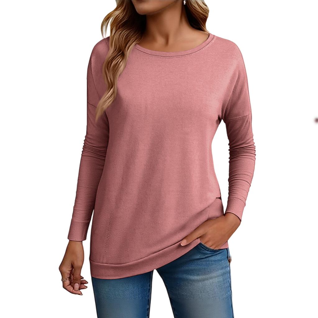 Women's Fashion Loose Round Neck Long Sleeve Solid Color T-shirt Top