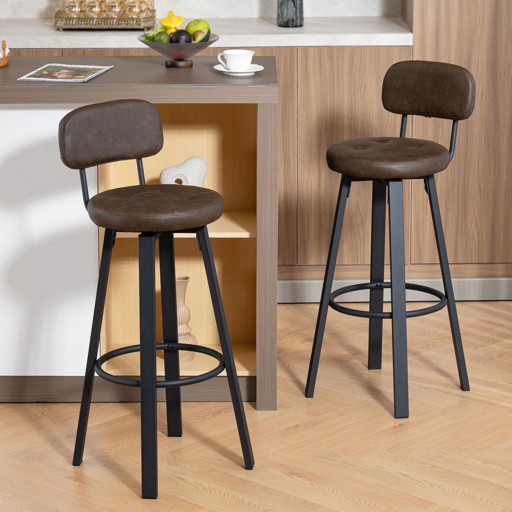 Set Of 2 Swivel Kitchen Bar Stools Upholstered In PU With Backrest Metal Frame Footrest Dark Brown
