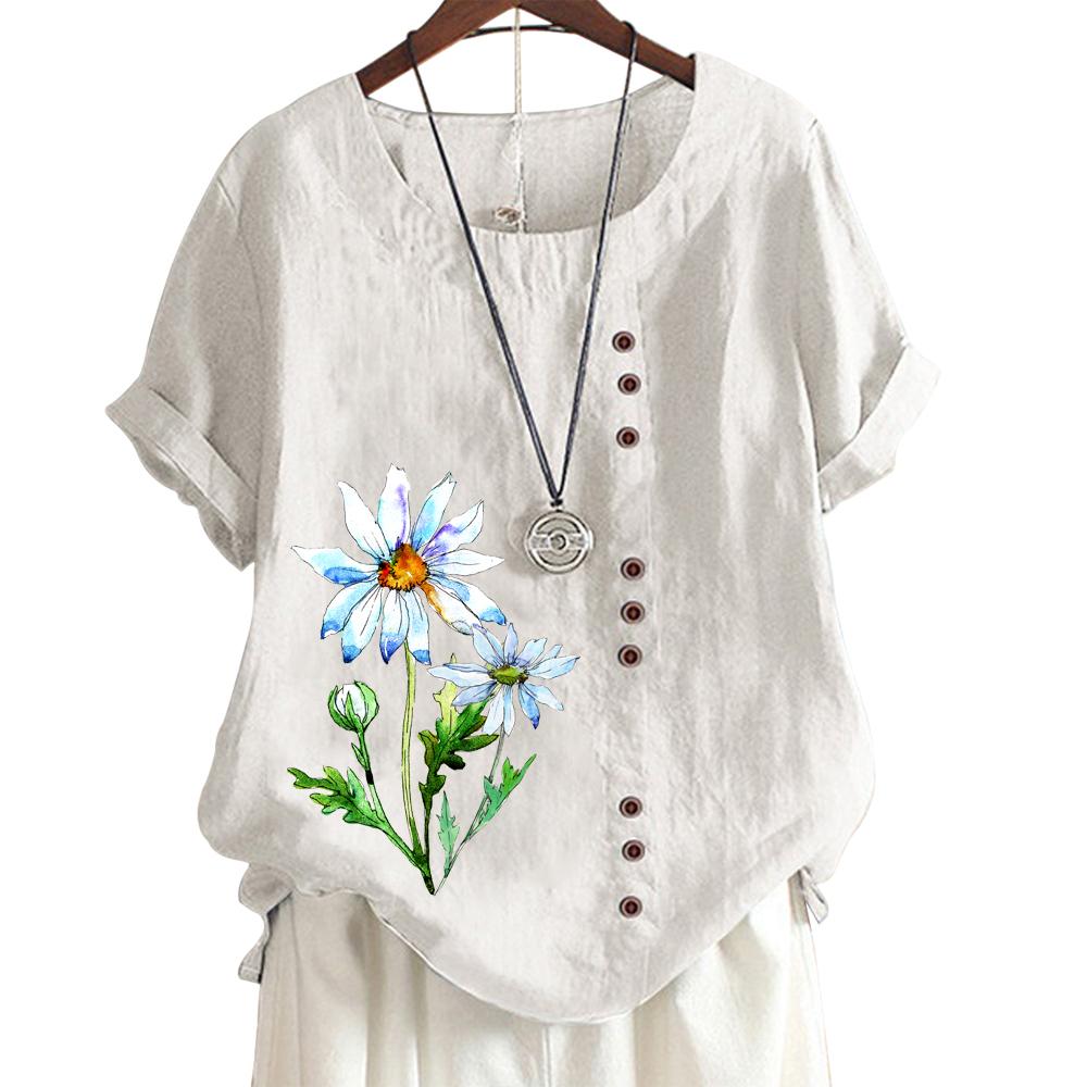 Women's Casual Cotton Linen Blouse with 6 Printed Patterns, Round Neck, and Short Sleeves S-5XL