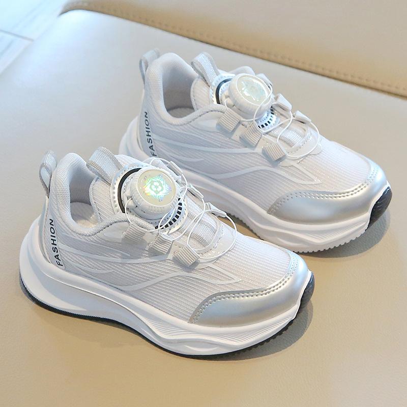 Kids Spring Autumn White Sneakers With Rotary Button Soft Sole Mesh Running Shoes For Boys Girls Baby Casual Sports Trainers