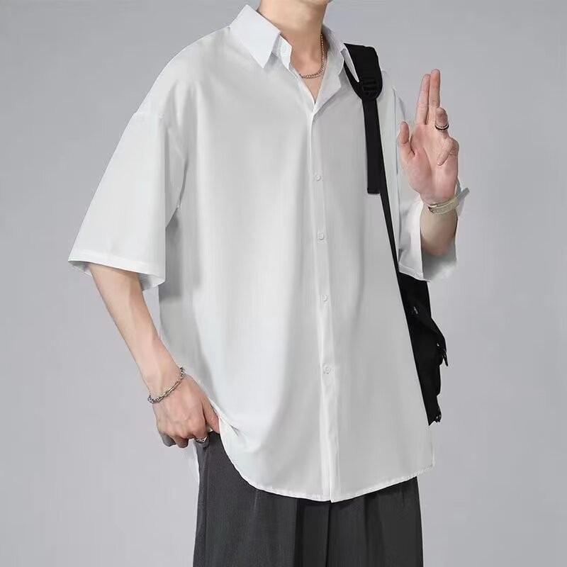 Men's Summer Trendy Loose-Fit Black Ice Silk Shirt with Casual Five-Point Sleeves