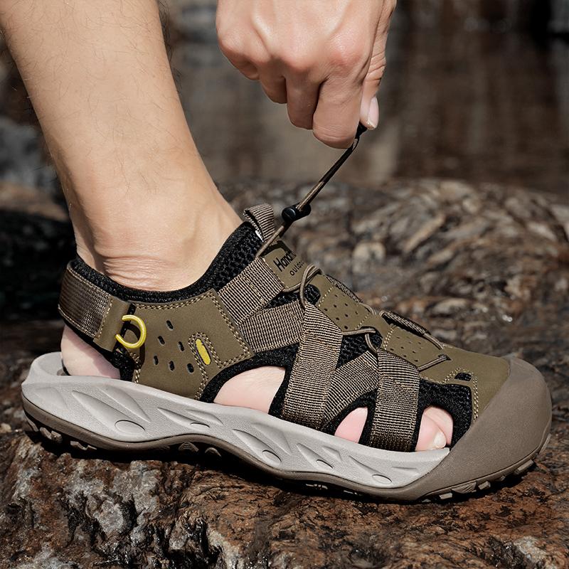 Summer Men's Hollow Leather Beach Sandals Toe Cap Outdoor Sports Shoes Handmade Mesh Shoes