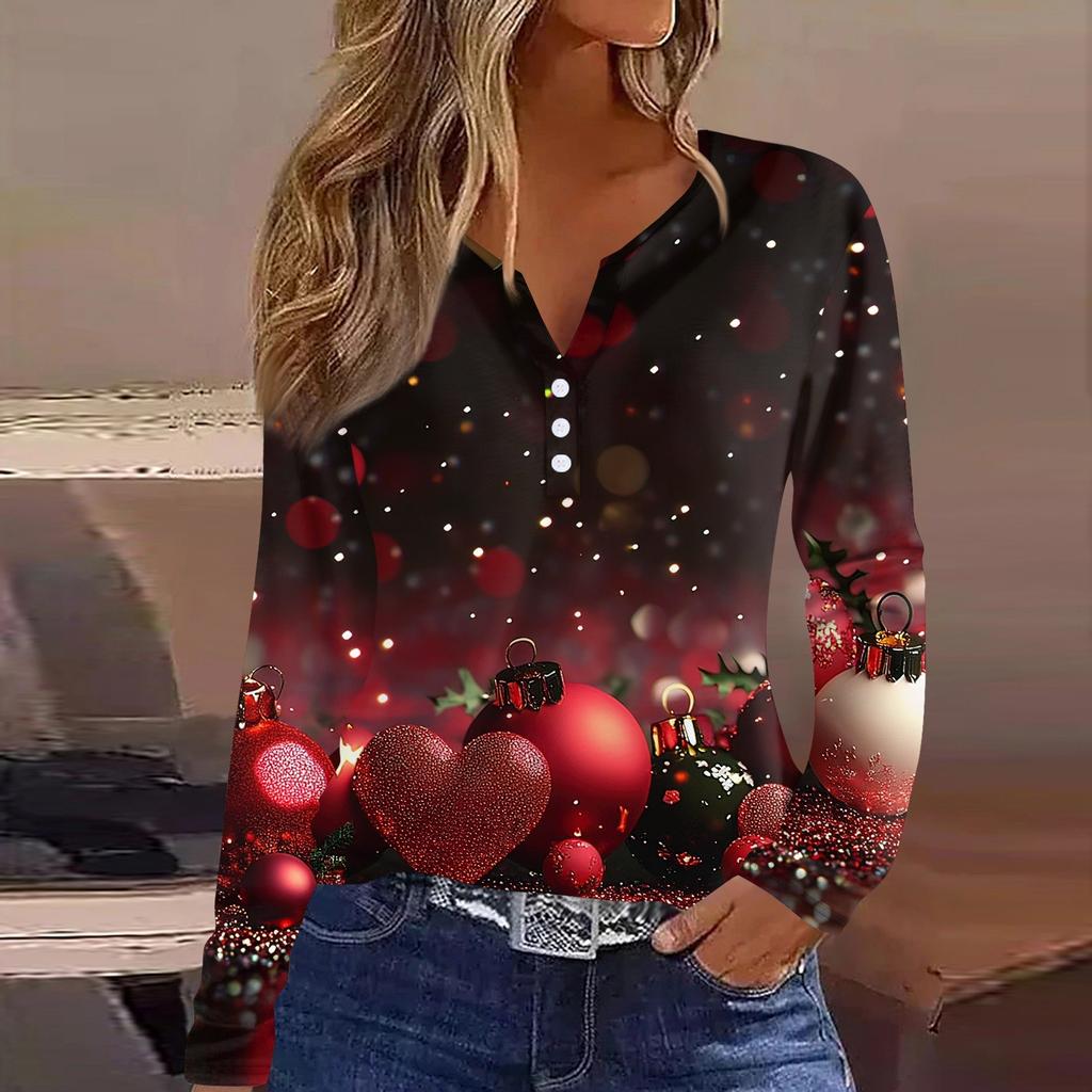 Women's T Shirt Tee Christmas Print Button Long Sleeve Daily Weekend Fashion Basic V- Neck Regular Top