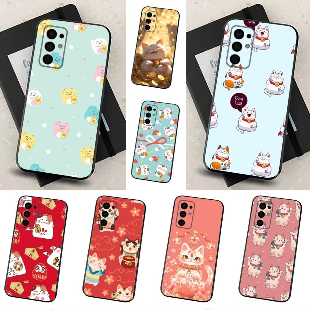 Cartoon Lucky Cat Phone For Samsung Galaxy A53,31,52,72,41,22,73,32,71,Note,J7,8,9,5G Soft Black Silicone Case