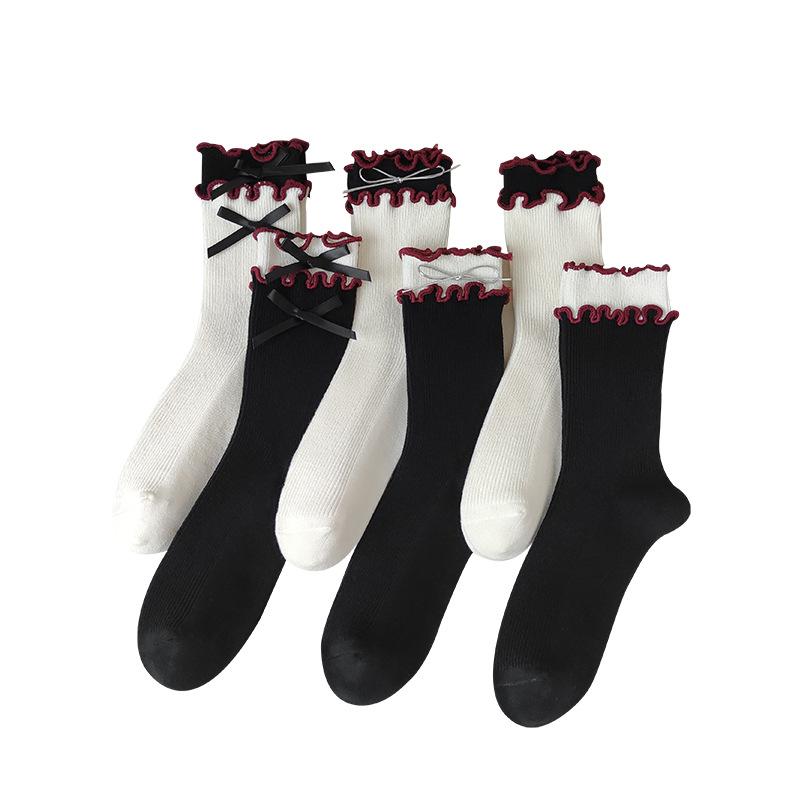 Женские гольфы до середины икры Ankela Red на двойной игле со свободным отверстием и контрастным цветом, двойным бантом на пуговицах, носки-гольфы