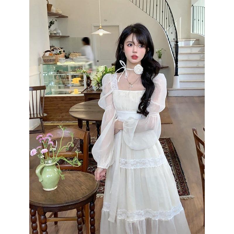 2024 летнее женское французское элегантное кружевное платье миди, праздничное корейское модное платье с длинными рукавами, пляжное шифоновое облегающее платье феи, шикарное