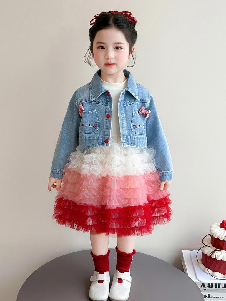 Spring Girls' Cat Denim Princess Dress Set - Baby Puffy Skirt Two-Piece