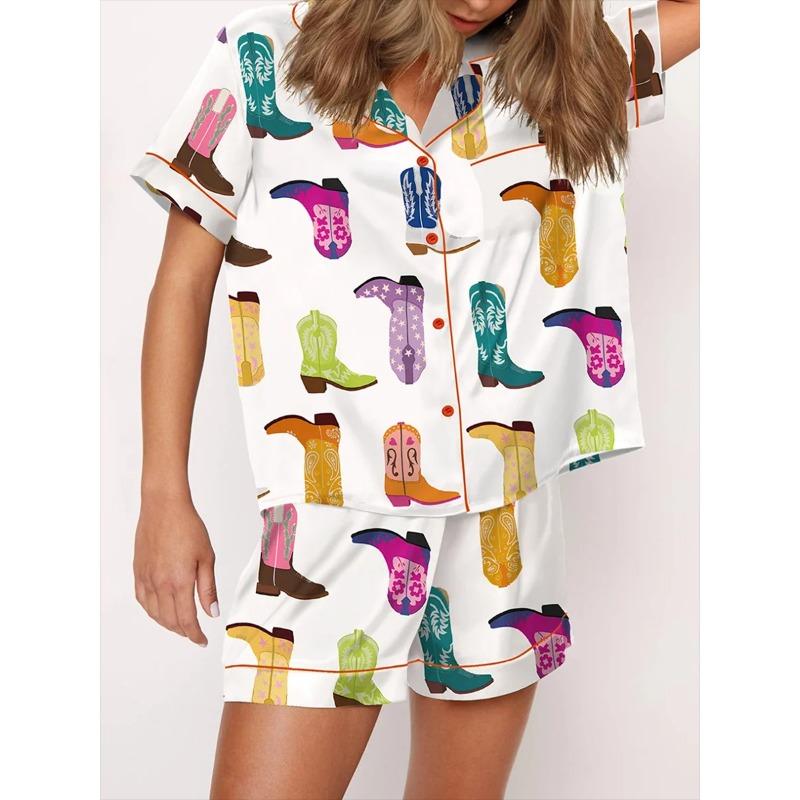 Шелковая пижама для женщин, атласный уютный комплект из 2 предметов, принтованные шорты в стиле преппи, подходящие эстетичные комплекты пижам и рубашек