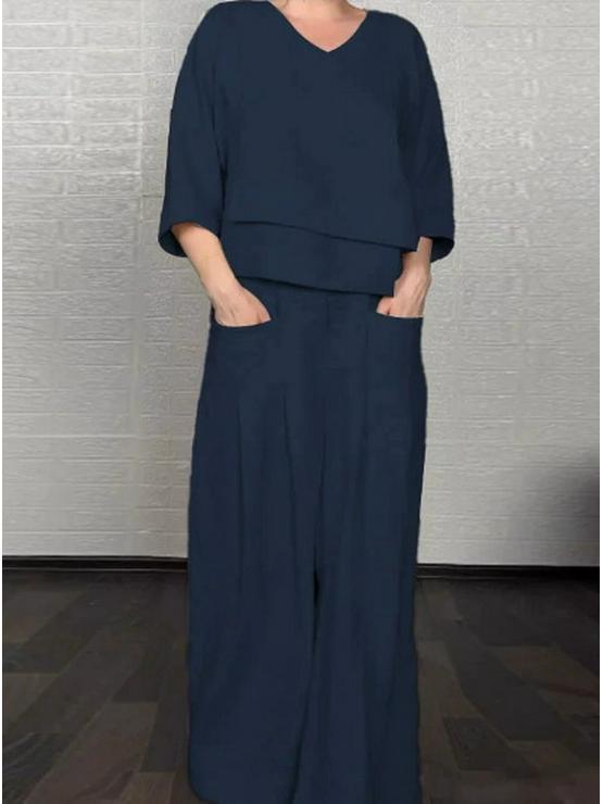 Комплект в европейско-американском стиле 2025 года: однотонный топ с круглым вырезом и брюки прямого кроя со средней посадкой