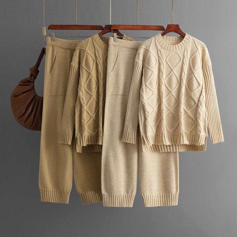 Осень-зима, свободный пуловер с высоким воротником, костюм-свитер, женский однотонный вязаный широкий брюки с длинными рукавами, комплект из двух предметов