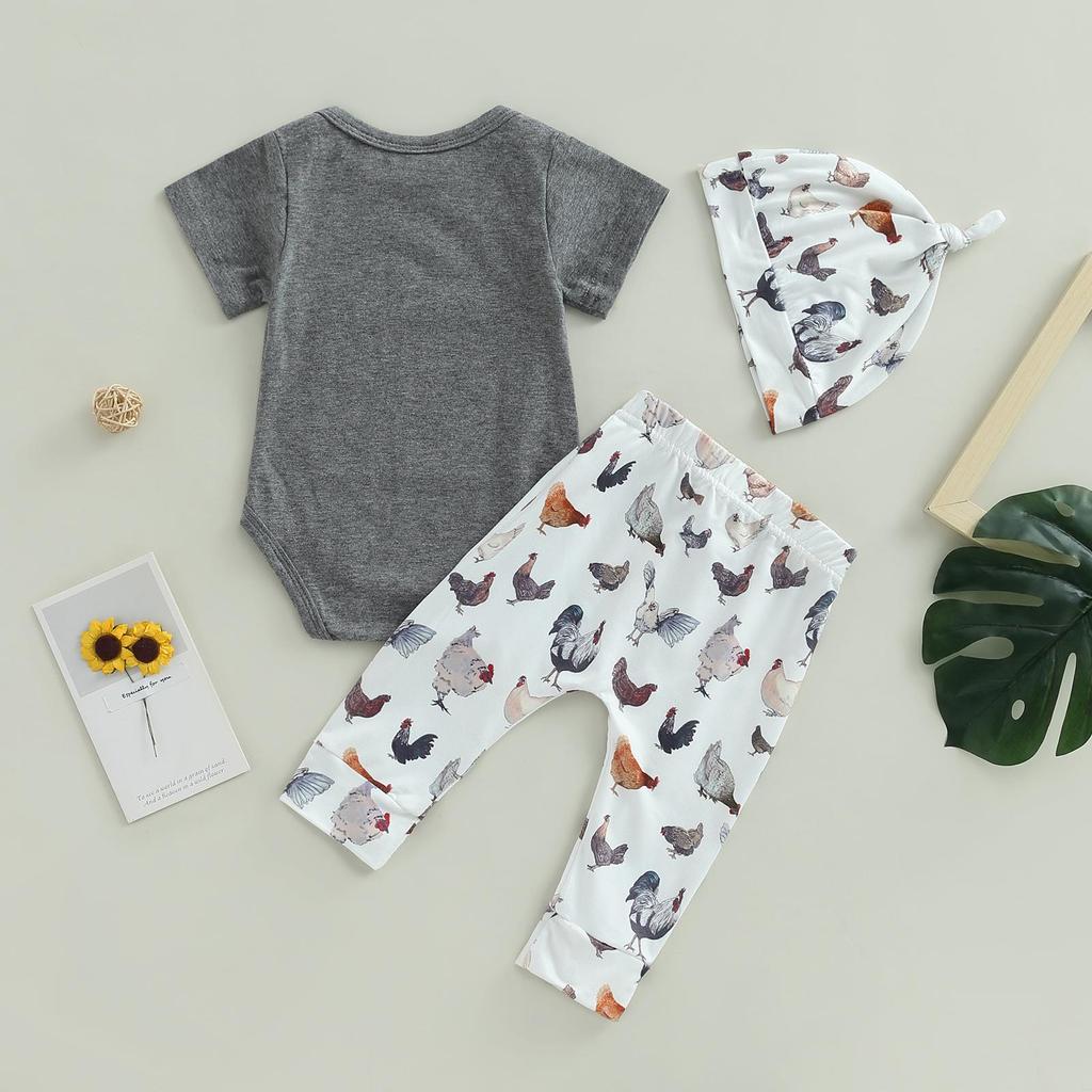 Baby Baby Boys Causal Clothes Sets 3M 6M 12M 18M 3pcs Short Sleeve Letter Print Romper + Tractor/Chicken Pants + Knot Hat Set