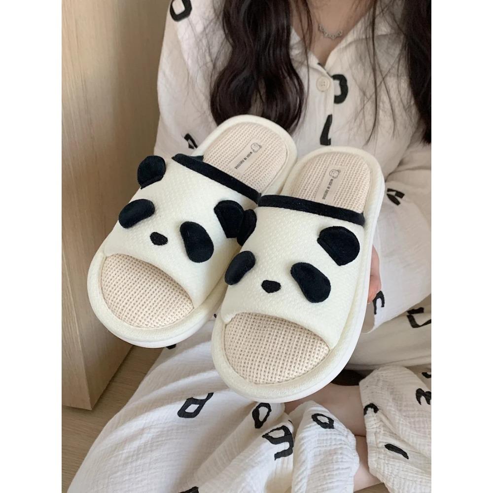 Льняные тапочки Panda для женщин и мужчин, четыре сезона, для дома, нескользящая мягкая подошва, милые тапочки для пар