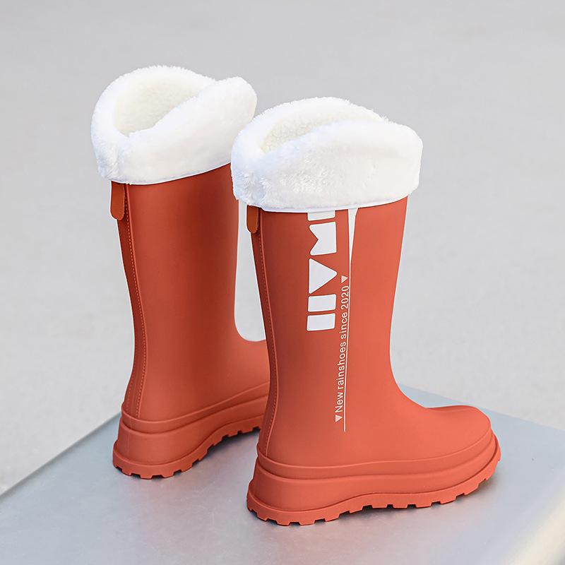 Высокие женские резиновые сапоги модная уличная дождевая обувь женские бархатные терморезиновые сапоги кухонные нескользящие водонепроницаемые ботинки на толстой подошве для воды