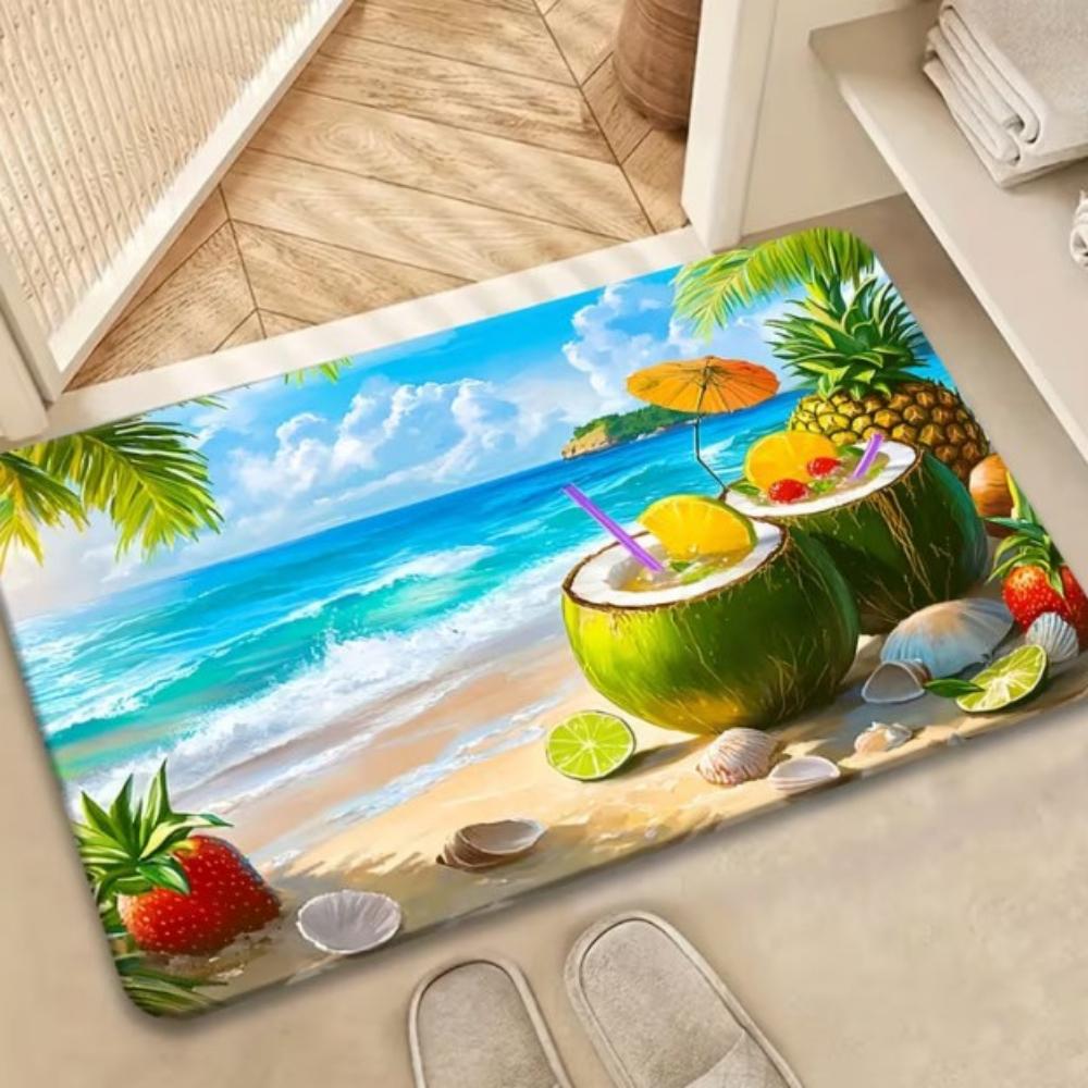 Beachside Coconut Drink Tropical Fruit Doormat for Home Office Porch Indoor Outdoor Washable Floor Rug Summer Vacation Decor