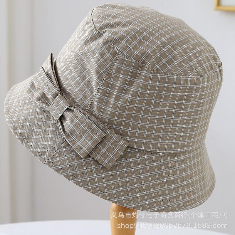 Bucket hat bow tie plaid bucket hat spring summer autumn windproof versatile adult women's hat classic on the new