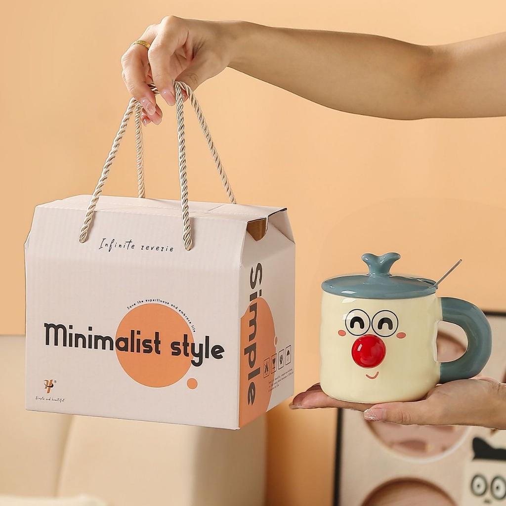 Cute Cartoon Ceramic Water Cups Couple Covered Mugs  Funny Expression Cups  Practical Gift Cups for Girls