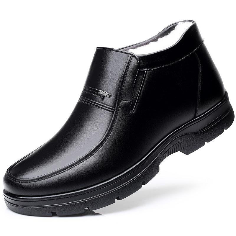 Хлопковая обувь мужская натуральная кожа зимняя теплая бархатная подошва из говяжьей кожи для мужчин среднего и пожилого возраста зимняя шерстяная нескользящая мужская хлопковая кожаная обувь