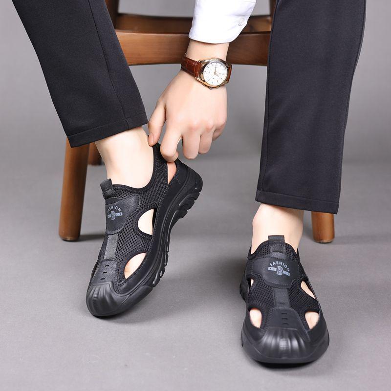 Мужские летние сандалии из натуральной кожи 2024 года с дышащей отделкой: Обувь Mesh для вождения, отдыха на природе, вброд и на пляже