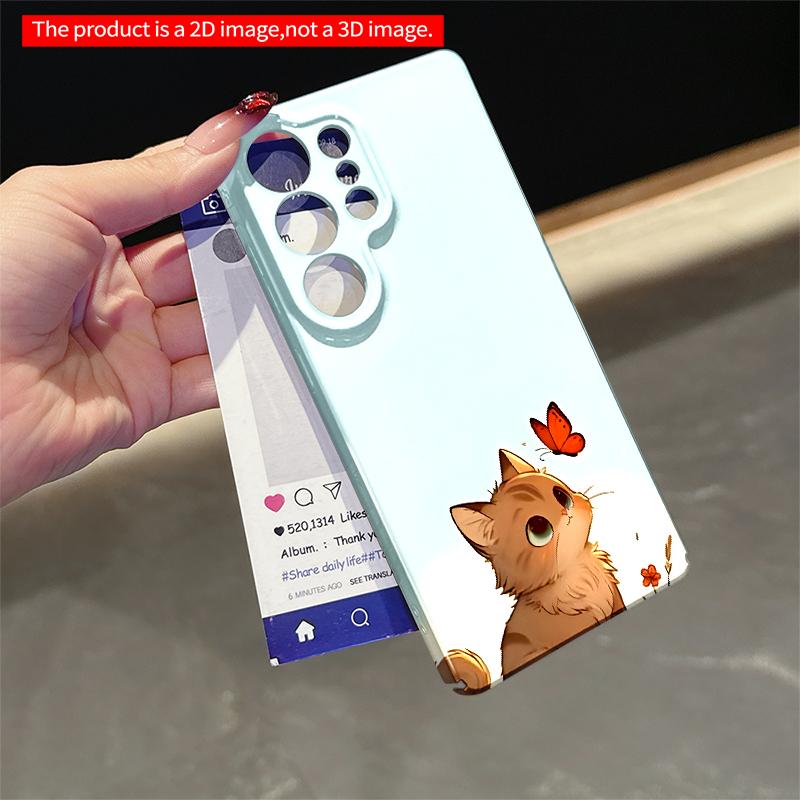 2DFlat Samsung phone case Cute Kitten and Orange Butterfly in Sky Applicable to Galaxy S23 S24 S25ULTRA S26 A12 A14 A15 A16 A54 A55