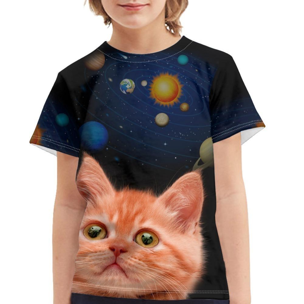 Children's Dinosaur and Cat 3D Digital Printed Boys' Casual and Comfortable Round Neck Short Sleeved T-shirt