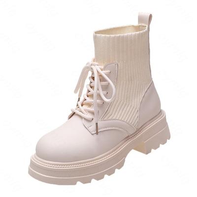 Модные женские сапоги 2024 года на осень и зиму, уличные короткие сапоги с толстой подошвой, эластичные, летящие вязаные носки, сапоги скинни