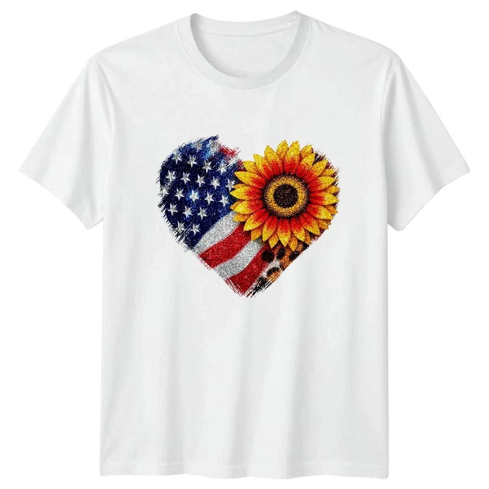 Sunflower American Flag Heart Unisex T Shirt 4th Of July Gift