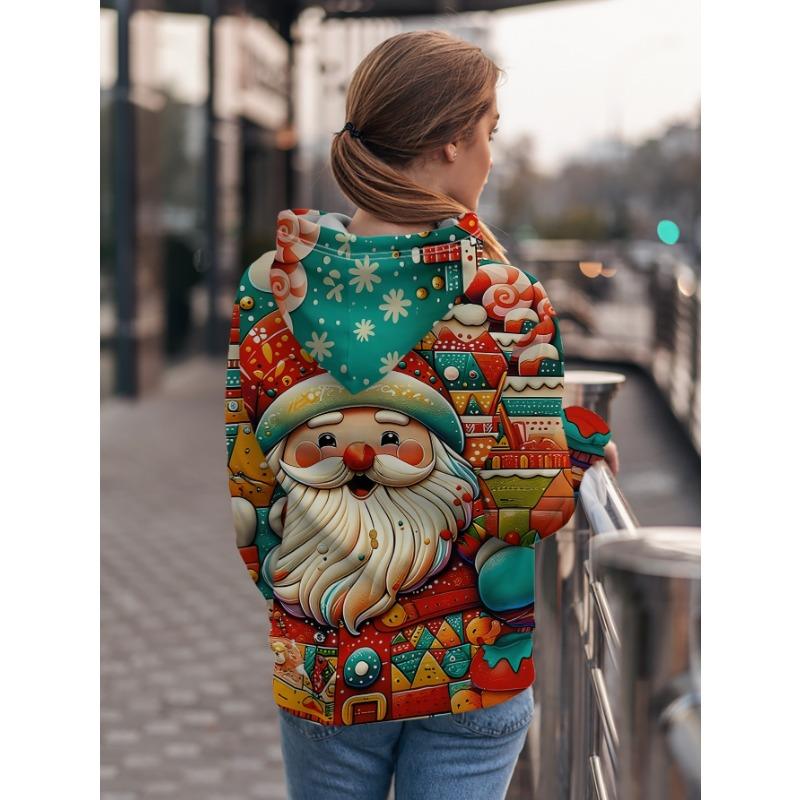Fashionable women's loose casual street style hooded sweatshirt Santa Claus is in the colorful Christmas town