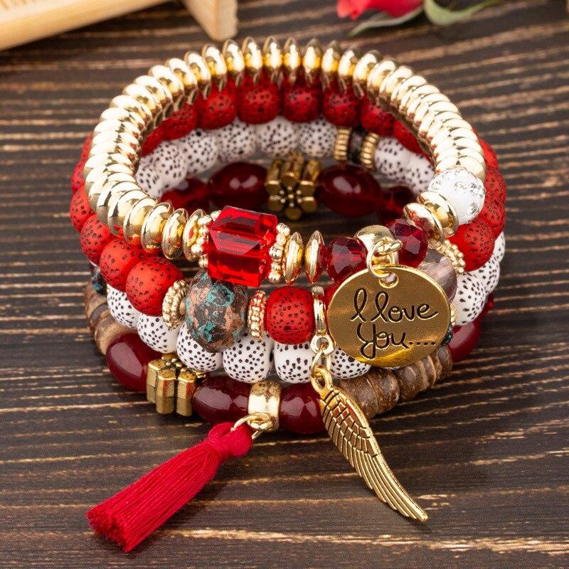 4 шт./компл. эластичные браслеты с кисточками в стиле бохо, эффектные браслеты из смолы с кристаллами и камнями ручной работы, браслеты с бусинами, модные вечерние ювелирные изделия