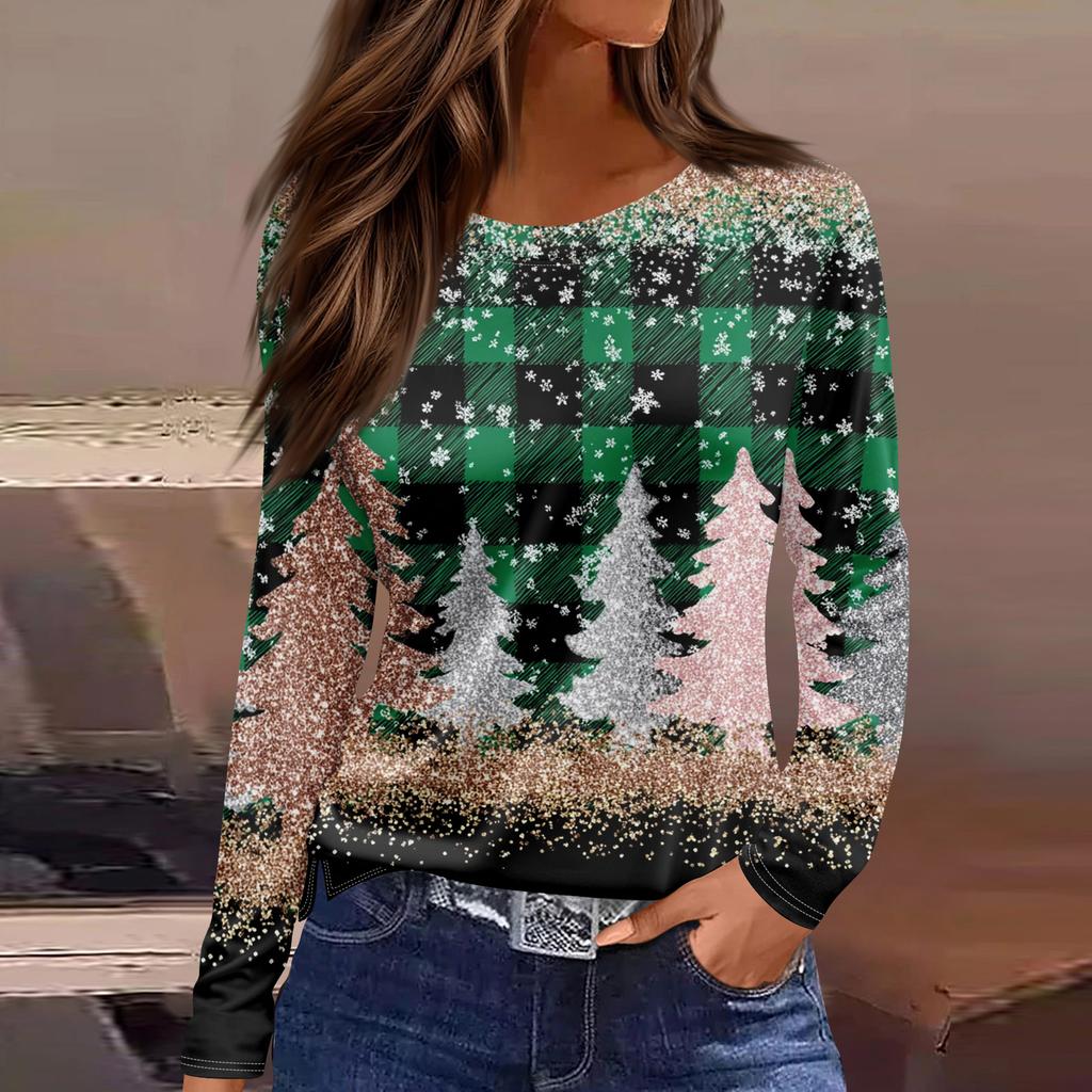 Женская мода повседневный топ с разрезом по низу и рождественским принтом с круглым вырезом и длинными рукавами
