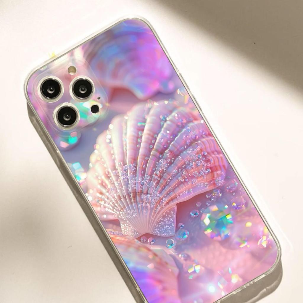 Прозрачный противоударный чехол с рисунком розовой ракушки для iPhone 14-17 Pro Max