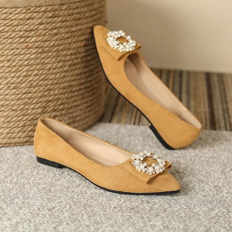 Women's Flat Rhinestones Loafers Autumn Casual Fashion Pointed Toe Comfortable Non-slip Metal Decorative Ballet Flats Soft Shoes