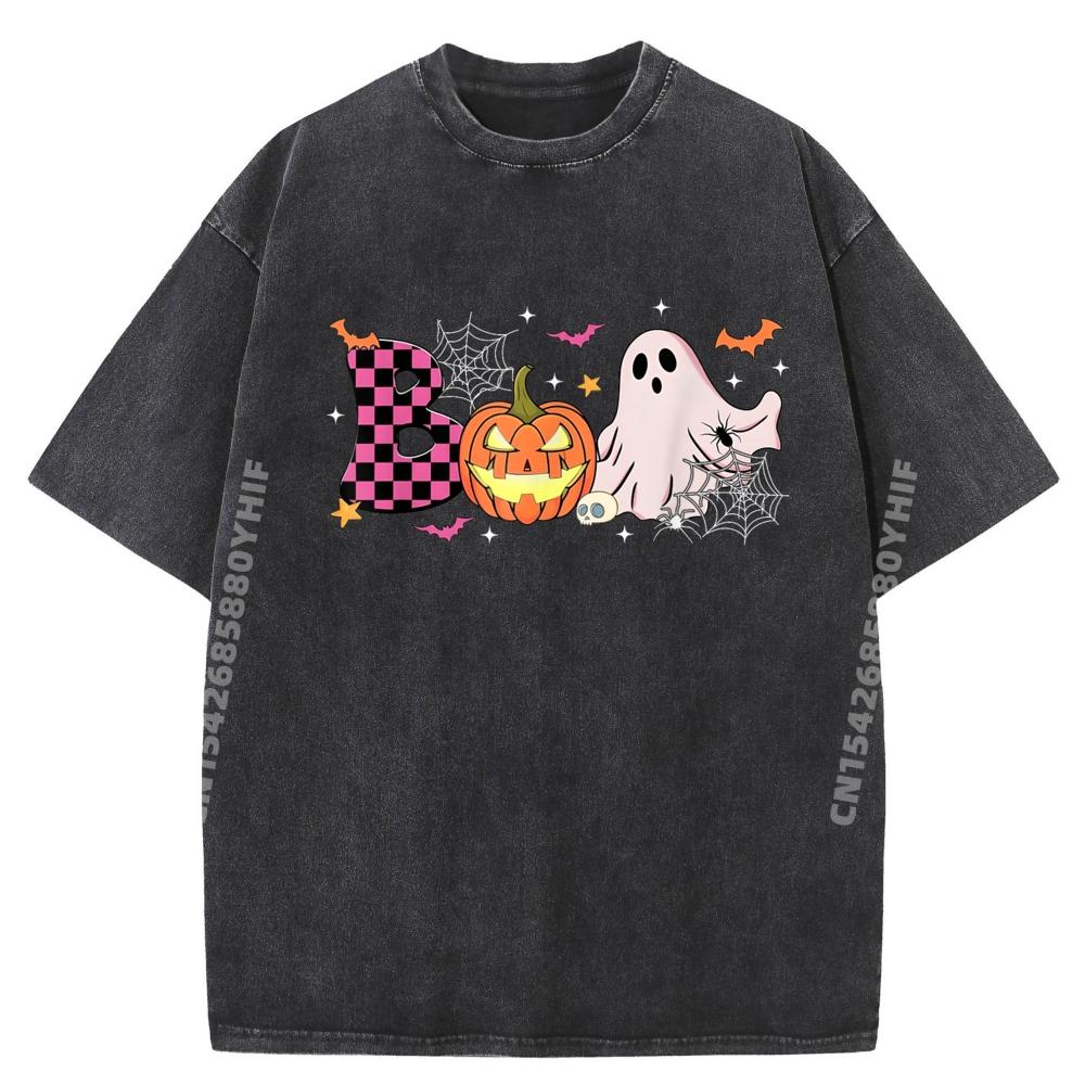 Checkered Pumpkin Ghost Boo Halloween Pj Spooky Season Thanksgiving Christmas Hallothanksmas Washed T-shirts Tops & Tee