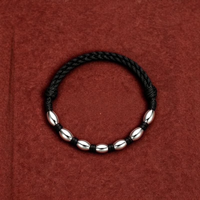 Silver Color Oval Bead Braided Rope Bracelet for Women Adjustable Hand Woven Wrist Jewelry
