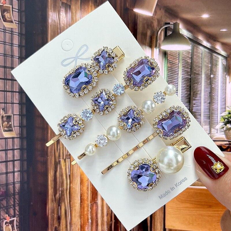 1 Set Fashion Crystal Hair Clips Jewelry For Women Hair Accessories Girls Luxury Pearl Geometric Barrettes Pins Christmas Gift