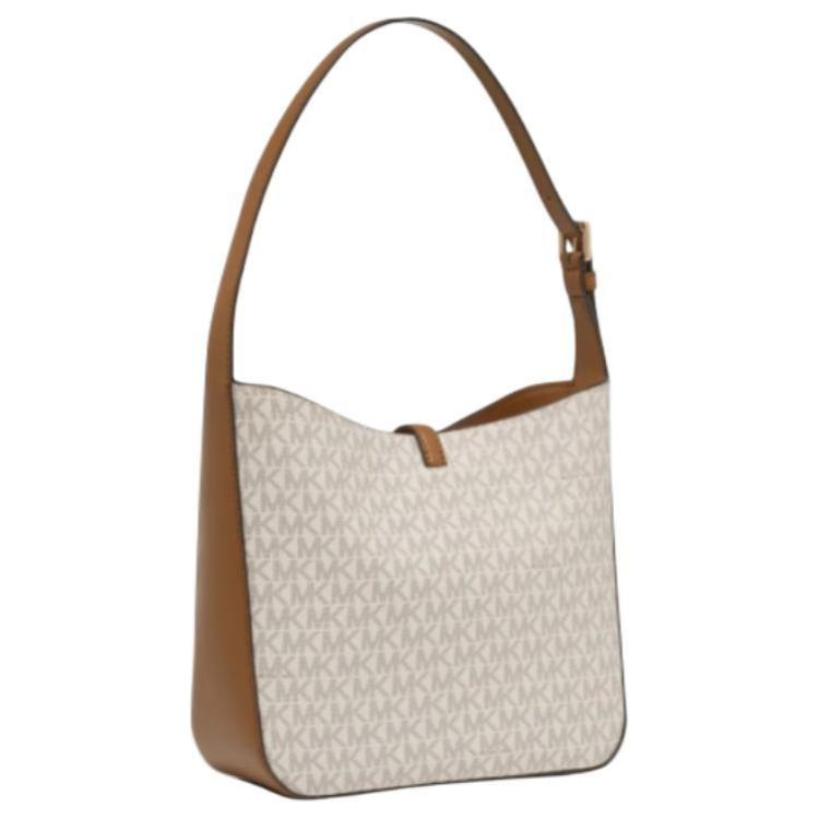 Michael Kors Mk Lyra Сумка-тоут на плечо с монограммой и логотипом, покрытие из канваса, Маленькие женские сумки, Ванильно-белый, Желудочно-коричневый 35F4G1YS5B-150