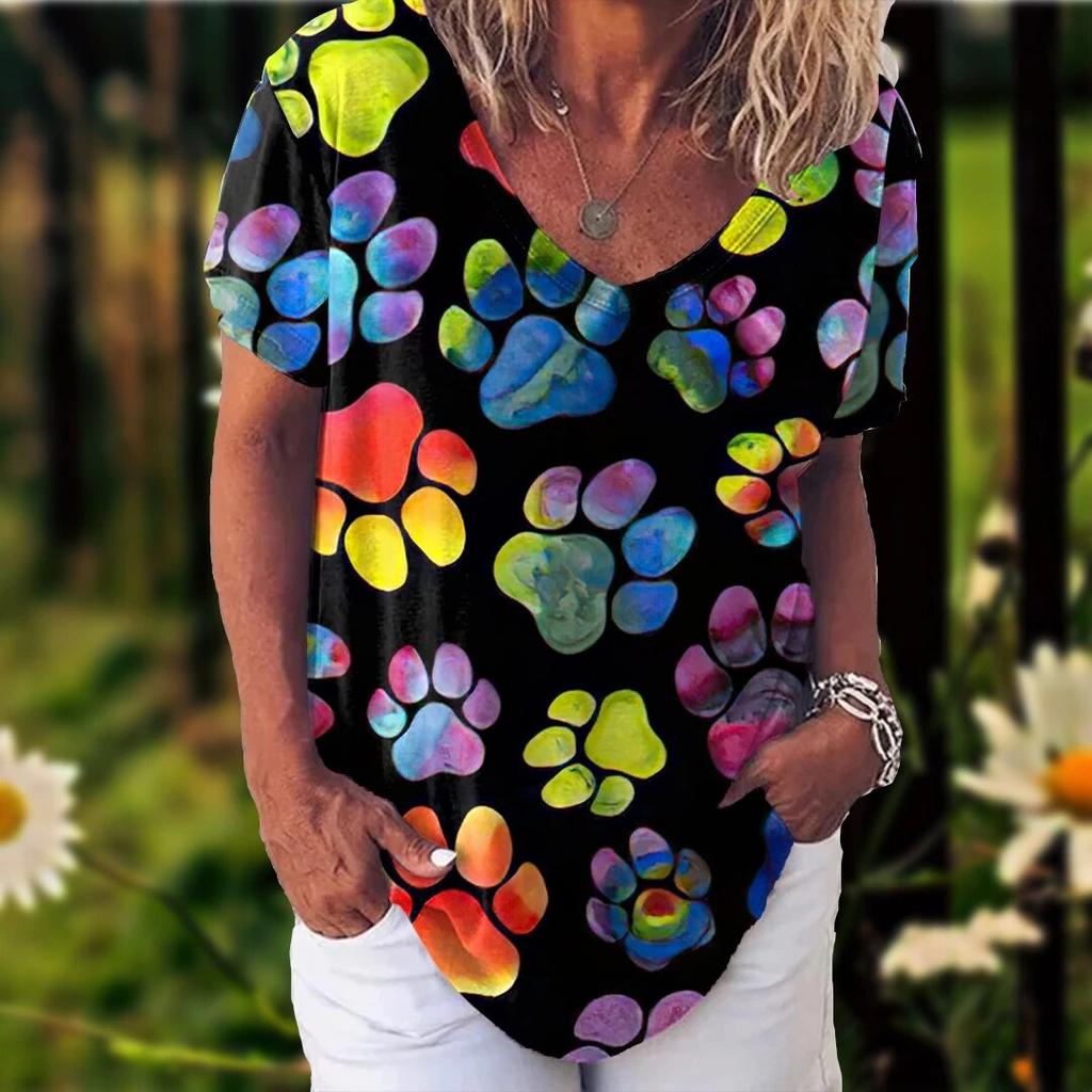 Женская футболка с принтом кошки для девочек, модная летняя футболка с коротким рукавом и v-образным вырезом, повседневный свободный топ, женская уличная рубашка большого размера