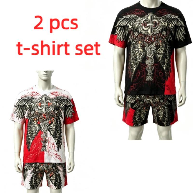 Fashion Summer Casual Retro Angel Wing Printed Round Neck Short Sleeved T-Shirt And Shorts Set Men's and Women's T-shirt Shorts Set