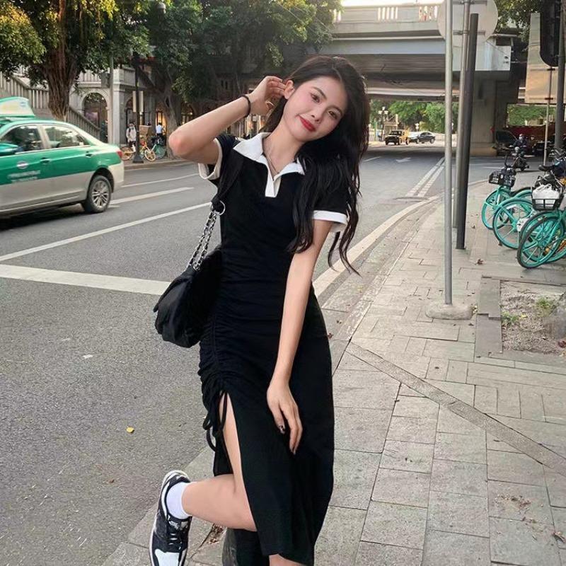 Women's Dress Summer Sexy Slit Waist Slim-fit Bag Hip Midlength Dress