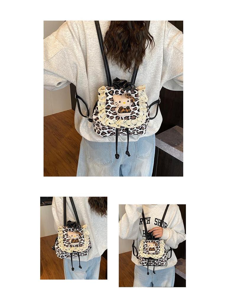 Korean Ruffle Lace Retro Leopard Print Girls' Kitten Backpack - Cute and Versatile Cartoon-Style Design