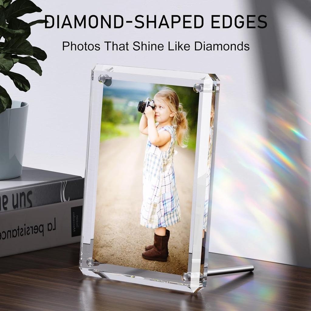 Acrylic Picture Frame 4x6, 2 Pack of Clear Magnetic Picture Frame with Diamond-Edge Design for Portrait or Landscape Display-Modern Frameless Lucite