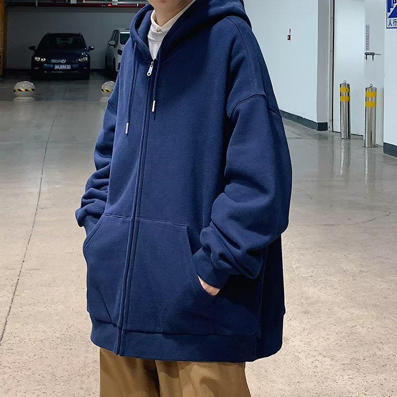 Мужской кардиган с капюшоном на молнии в корейском стиле — модная однотонная толстовка свободного кроя для осени и зимы