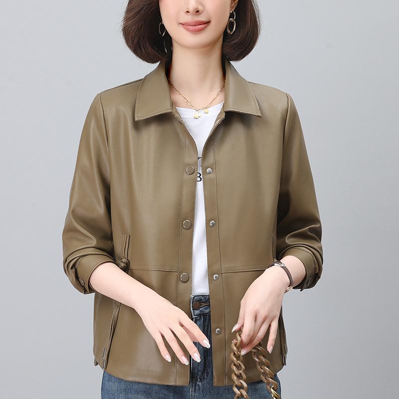 Кожаное полупальто для мамы, женское, весна-осень, новое, для среднего и пожилого возраста, модное, повседневное, свободное, в иностранном стиле, куртка, топ