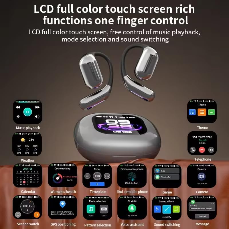 Intelligent Touch Screen Open Ear Earbuds Bluetooth 5.4 Headphones Over The Ear Earbuds 50H Playtime LED Display Charging Case Sport Over Earphones