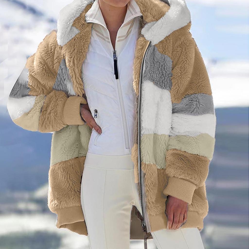 Женское модное зимнее свободное плюшевое пальто с длинным рукавом и карманом на молнии с капюшоном